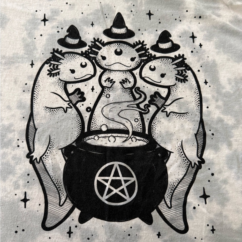 Gray Graphic Tee with Witchy Axolotl Design